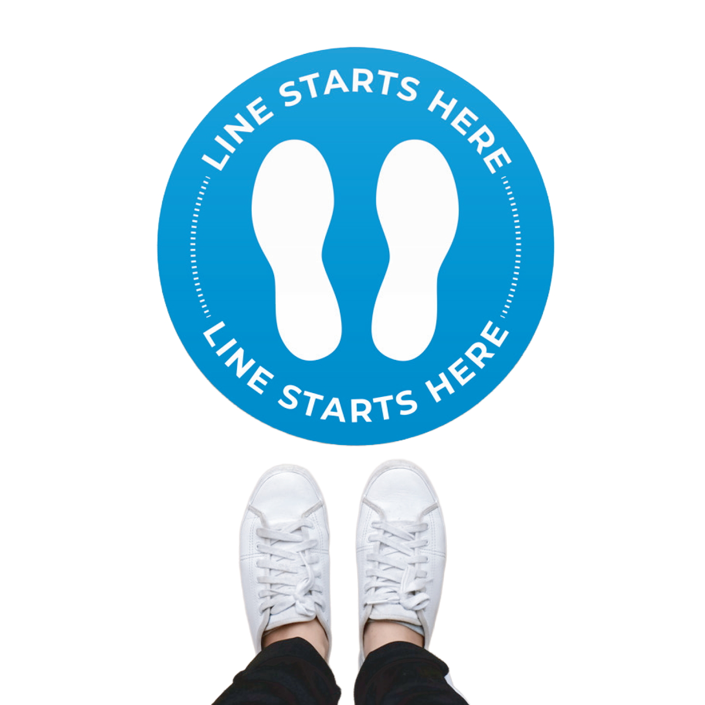 White sneakers standing on a blue circular sign with 'Line Starts Here' text.