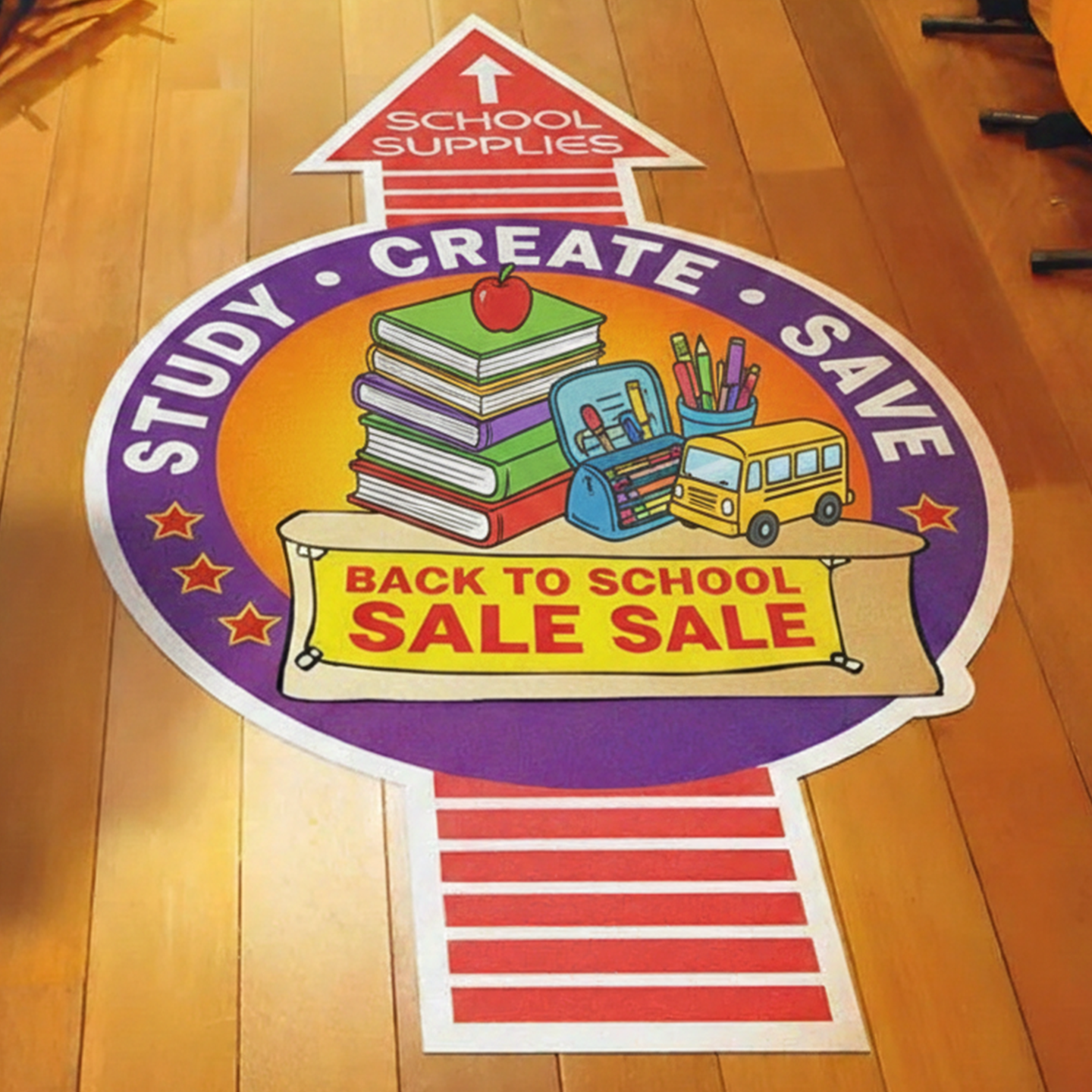 Colorful back-to-school sale sign with school supplies on a wooden floor.
