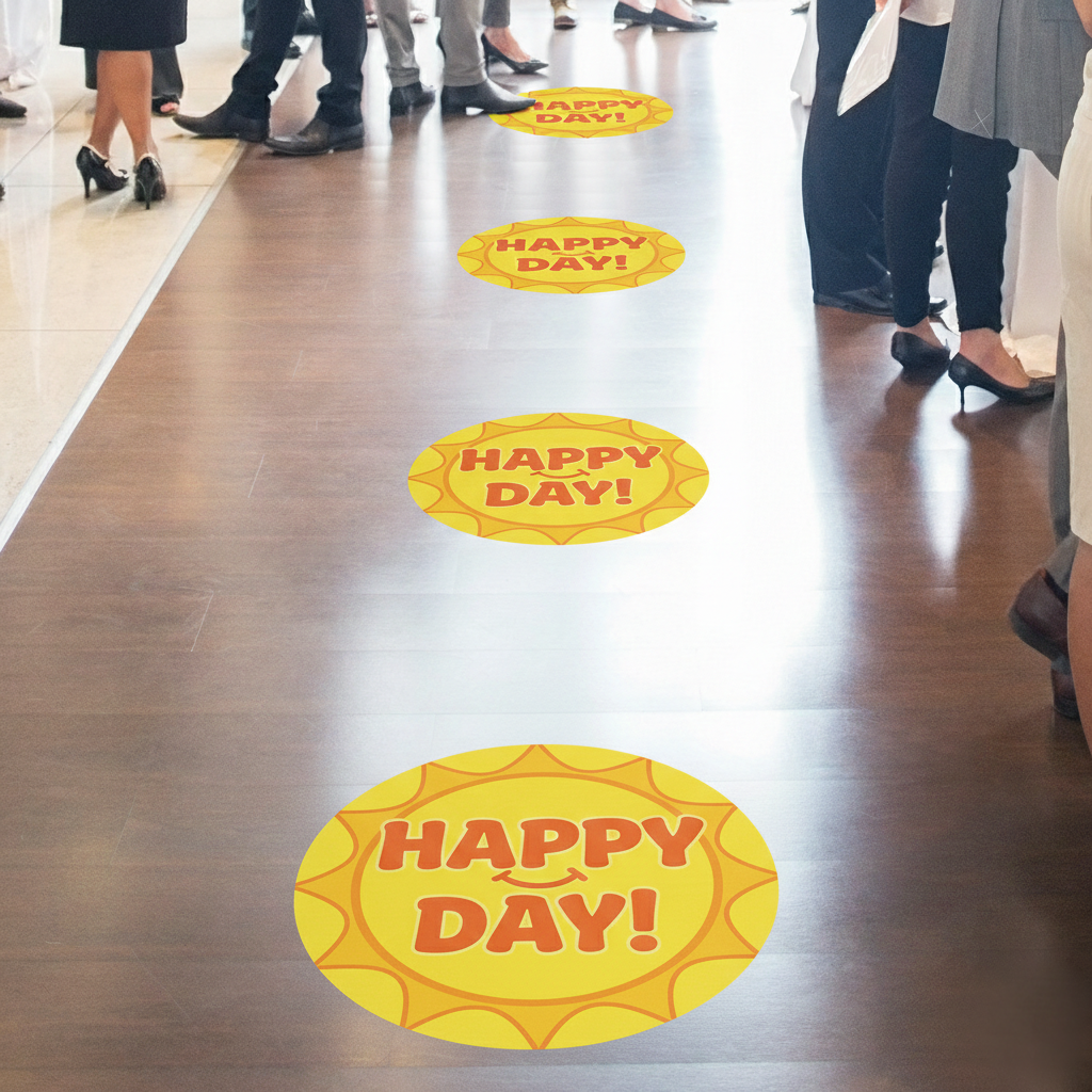 Yellow 'Happy Day!' signs on a wooden floor with people walking around them.