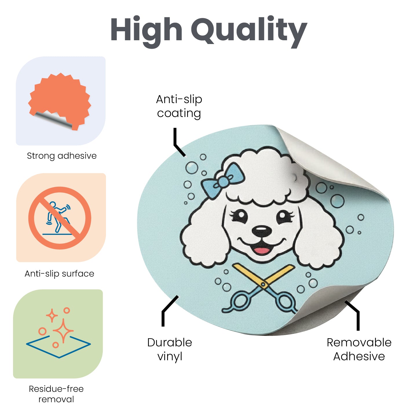Sticker with a dog illustration and text highlighting features like anti-slip coating and strong adhesive.