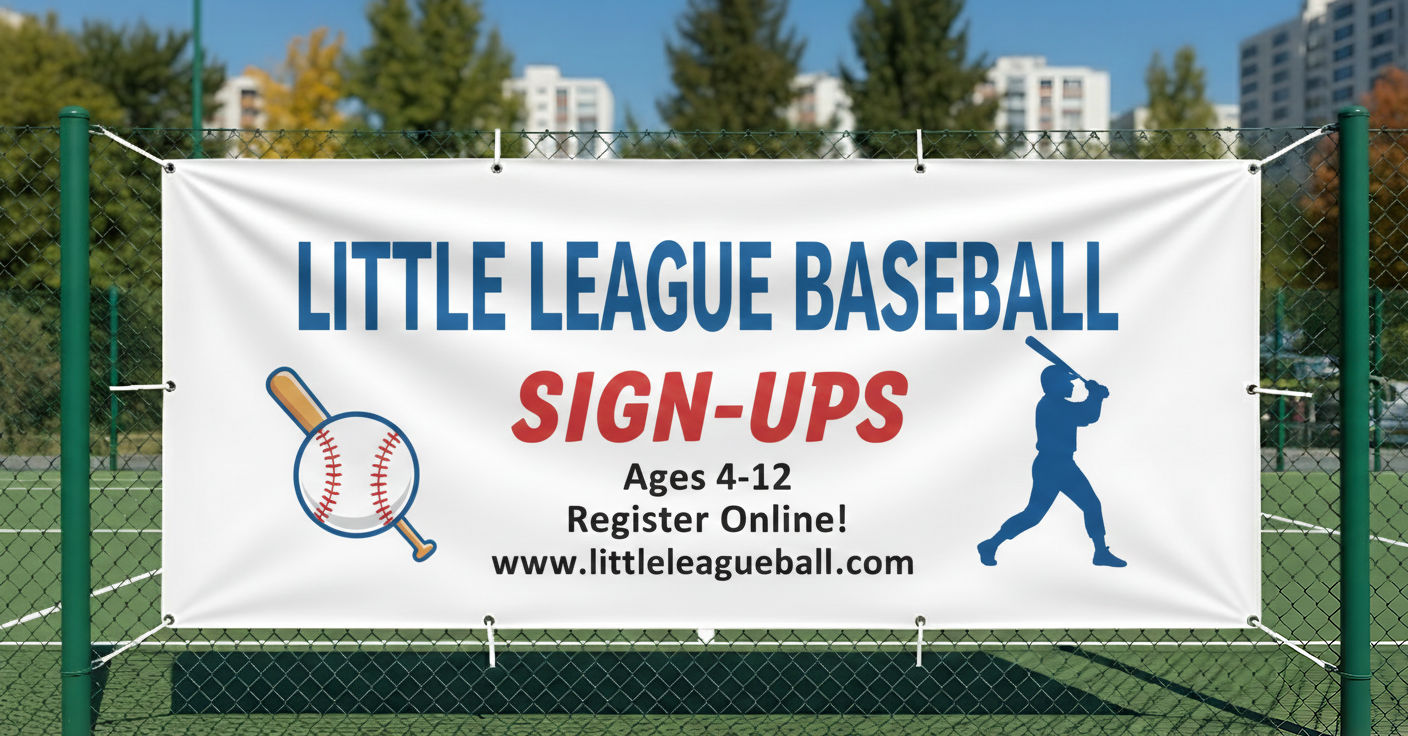 Little League Baseball sign-up banner on a fence with trees and buildings in the background.