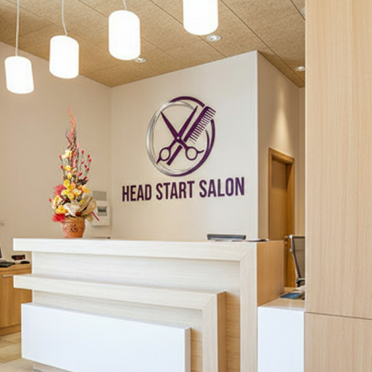 Salon reception area with 'Head Start Salon' logo on the wall.