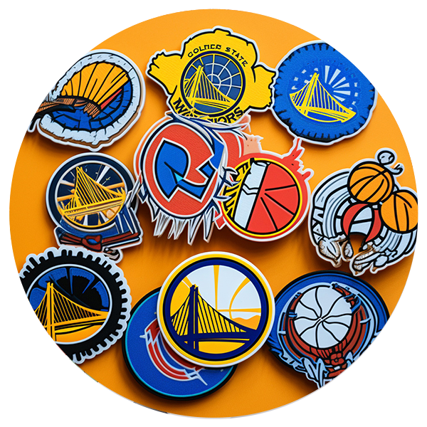 Collection of sports team logos on a circular orange background sticker